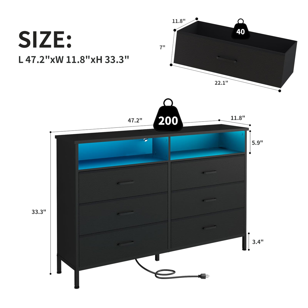 Dresser for bedroom, Black Bedroom Dresser with LED Lights and Charging Station, 6 Long Drawers Dresser, Tall Wide Fabric Chest of Drawers Storage Organizer TV Stand for up to 60" TV for Living Room SOOWERY