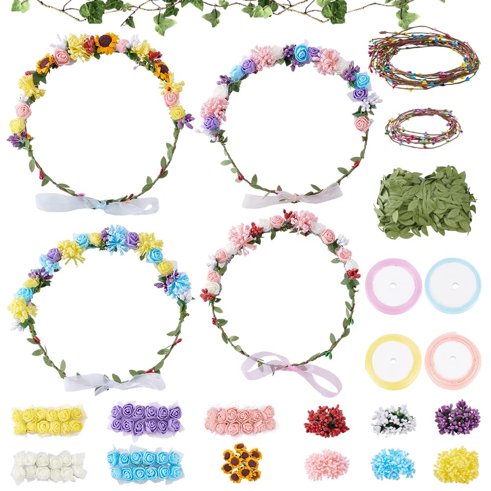 ORIGACH 16 Set DIY Flower Crown Kit Floral Crown Making Kit Make Your Own Flower Wreath Headband Handmade Floral Hair Accessories for Wedding Birthday Party DIY Arts and Crafts ORIGACH
