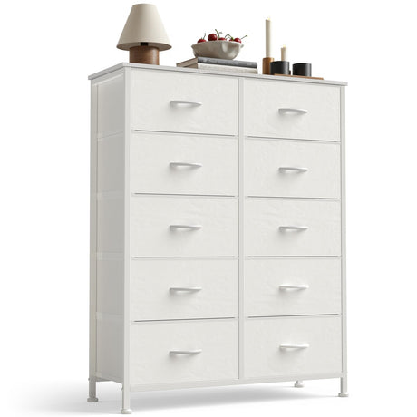 Sweetcrispy 10 Drawer Fabric Dresser Storage Tower with Bins, Tall Chest Organizer for Bedroom Closet Hallway, Steel Frame Wood Top Easy Pull Handles,White Sweetcrispy