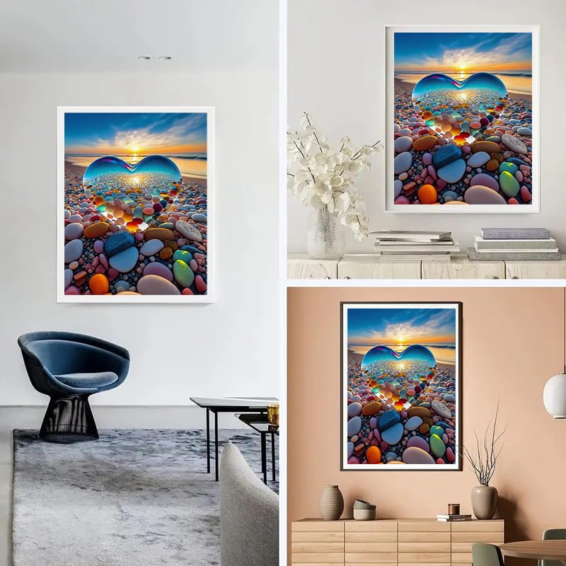 HSENJT 5D Diamond Painting Kits Beach Love for Adults Beginners,Sea Stone DIY Diamond Art,Love Heart Stone Paint with Round Diamonds for Home Wall Decor Gift(30x40cm/11.8X15.7Inch) HSENJT