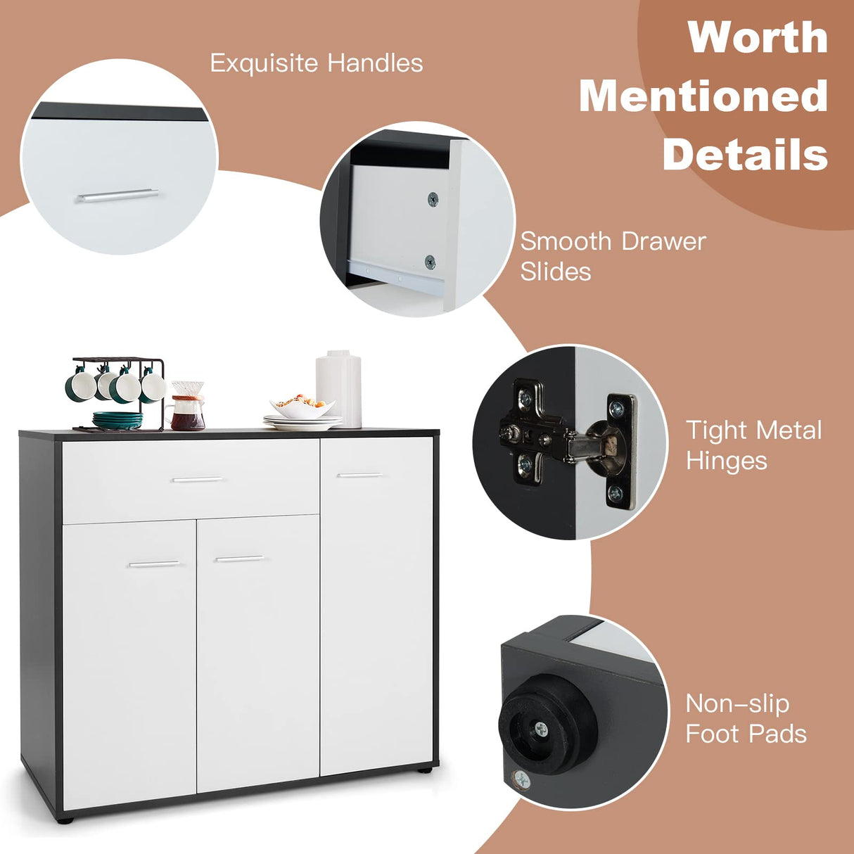 COSTWAY Buffet Sideboard Storage Cabinet, White Kitchen Sideboard with Spacious Table Top, 2 Door Cabinets, Large Drawer, Adjustable Shelf, Anti-Toppling Device, Console Cupboard for Home Living Room COSTWAY