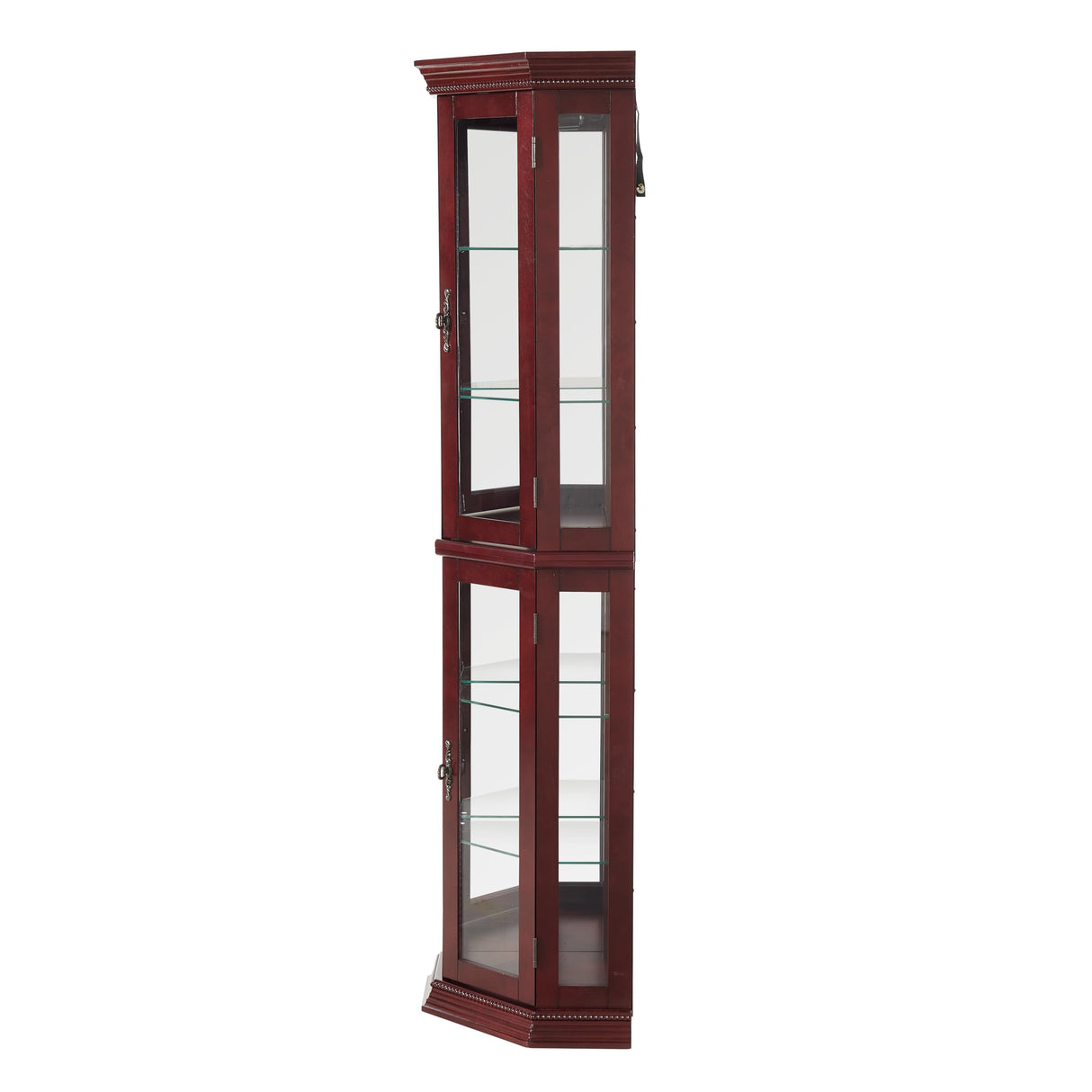 Goujxcy Lighted Corner Display Curio Cabinet Wooden Curved Shelving Unit with Adjustable Shelves and Mirrored Back Panel, Tempered Glass Doors for Bedroom, Living Room(Cherry, Corner Shape) Goujxcy