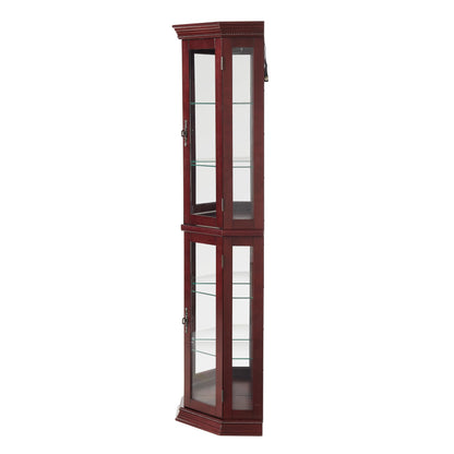 Goujxcy Lighted Corner Display Curio Cabinet Wooden Curved Shelving Unit with Adjustable Shelves and Mirrored Back Panel, Tempered Glass Doors for Bedroom, Living Room(Cherry, Corner Shape) - WoodArtSupply