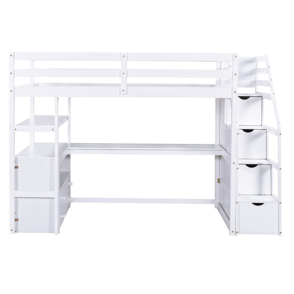 Twin Loft Bed with Storage Staircase and Desk, Wood Twin Size Loft Bed with Shelves and 2 Drawers, Loft Bed with Step for Kids Boys Girls Teens, White Harper & Bright Designs
