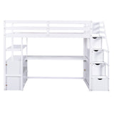 Twin Loft Bed with Storage Staircase and Desk, Wood Twin Size Loft Bed with Shelves and 2 Drawers, Loft Bed with Step for Kids Boys Girls Teens, White Harper & Bright Designs