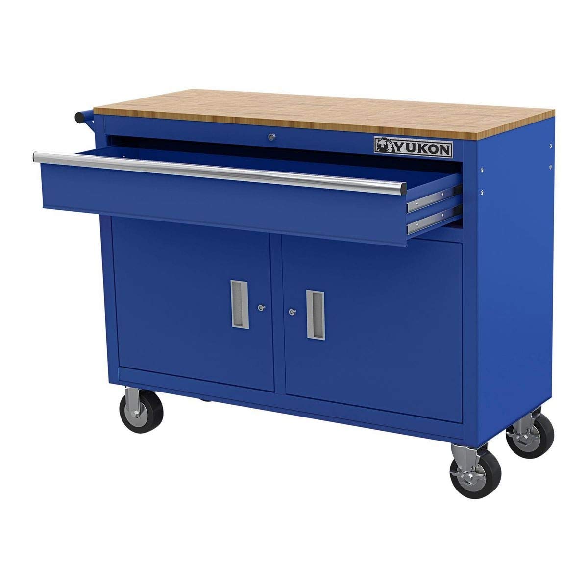 HFT YUKON Yukon 46 inches Mobile Workbench With Solid Wood Top, Blue - WoodArtSupply