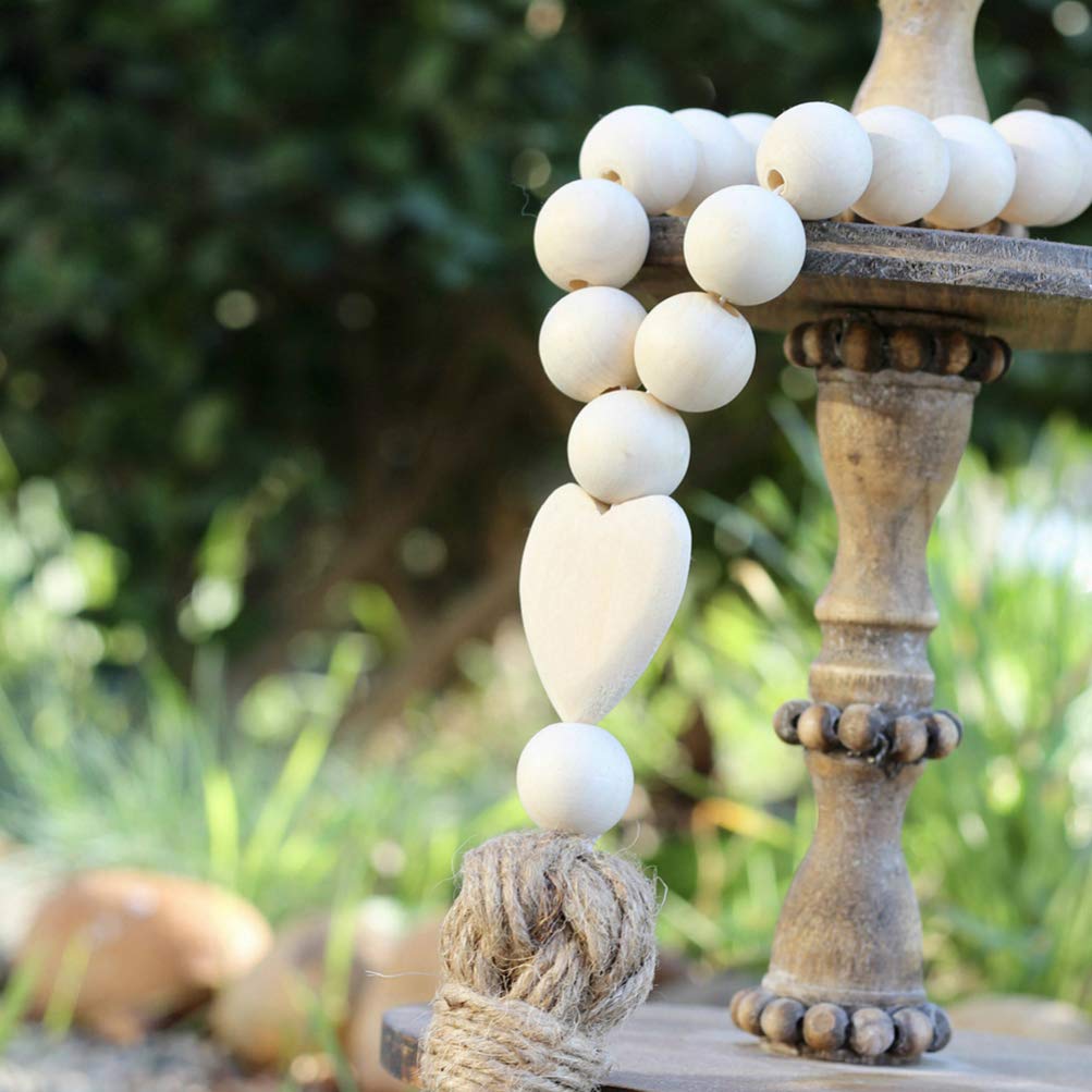 Garneck Wooden Bead Wreath Tassels - 2 Pcs Rustic Farmhouse Wooden Bead Ring with Wood Heart Pendant Tassels - Hanging Wooden Bead String for Home Garden Statue, Cross Prayer Decor Garneck