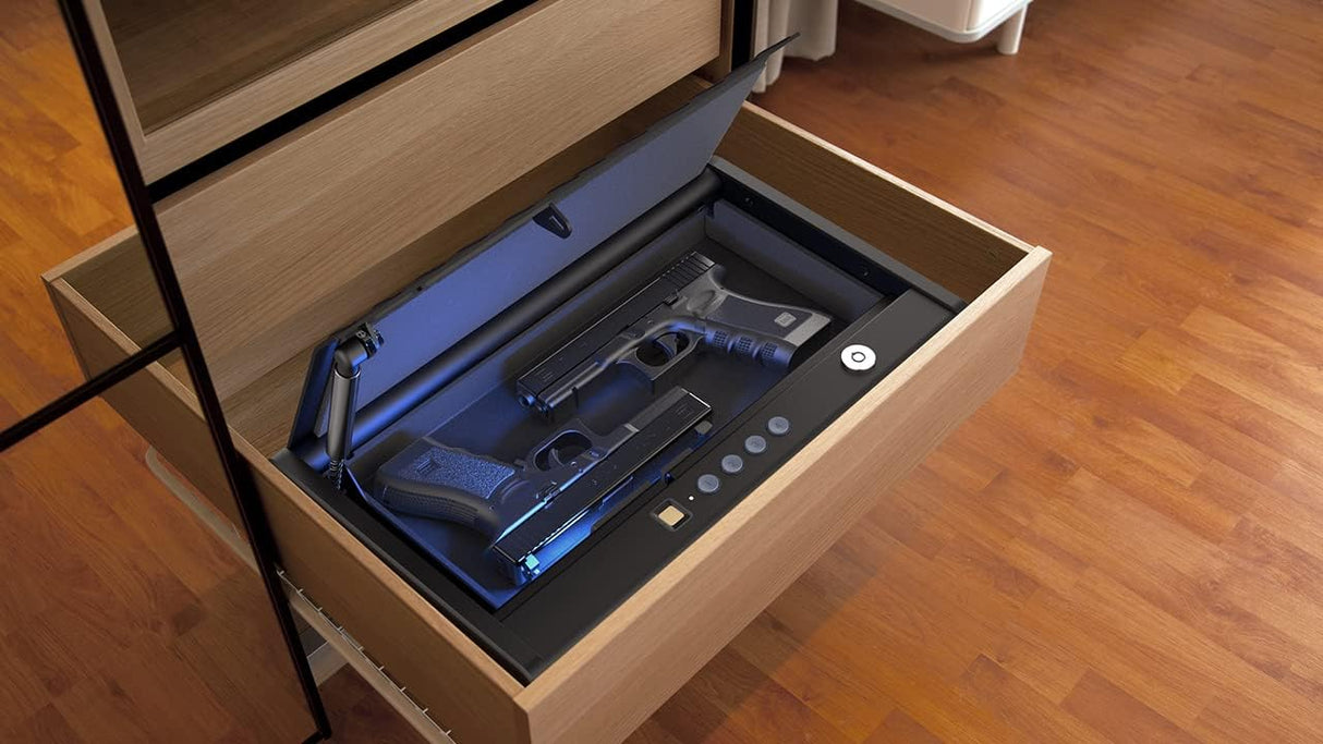 awesafe Upgraded Size Gun Safe with Fingerprint Biometric, Keypad Password and Key Lock for Two Handgun Capacity awesafe