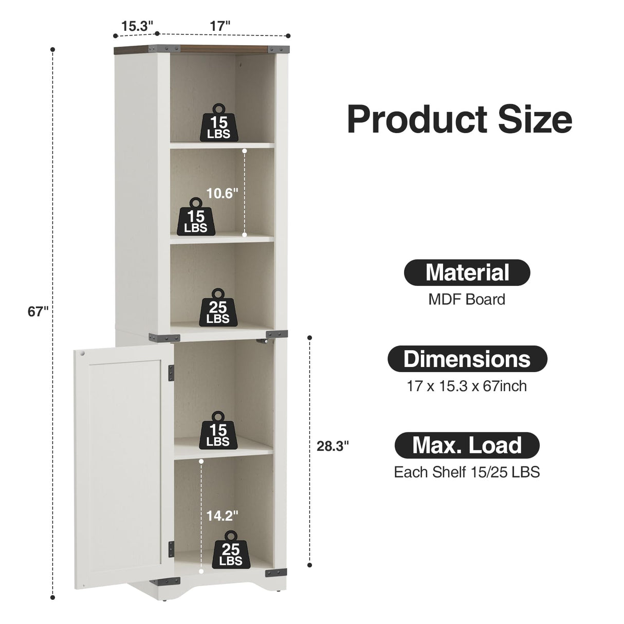 Vabches 5 Tier Bookcase with Doors Set of 2, 67” Tall Farmhouse Bookshelf with Storage Cabinet, Adjustable Shelves & Barn Door, Narrow Wooden Book Shelf for Living Room, Office, Antique White Vabches