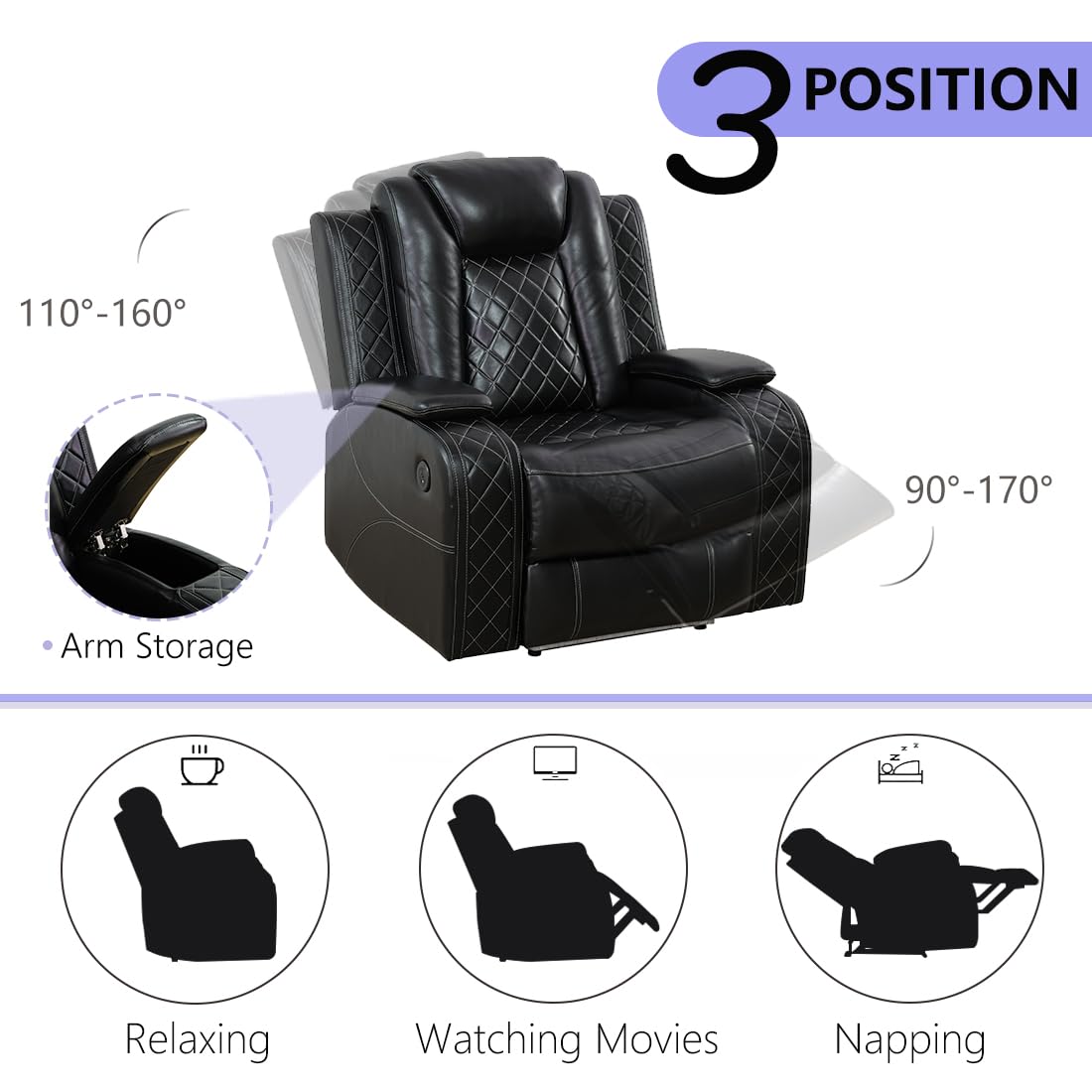 Anthato Black Leather Power Recliner Set with LED Lights, 3-Piece Recliner Sofa Loveseat Chair with Coffee Table/Storage/Charging Port, Modern Reclining Furniture for Living Room/Home Theater/Office Anthato