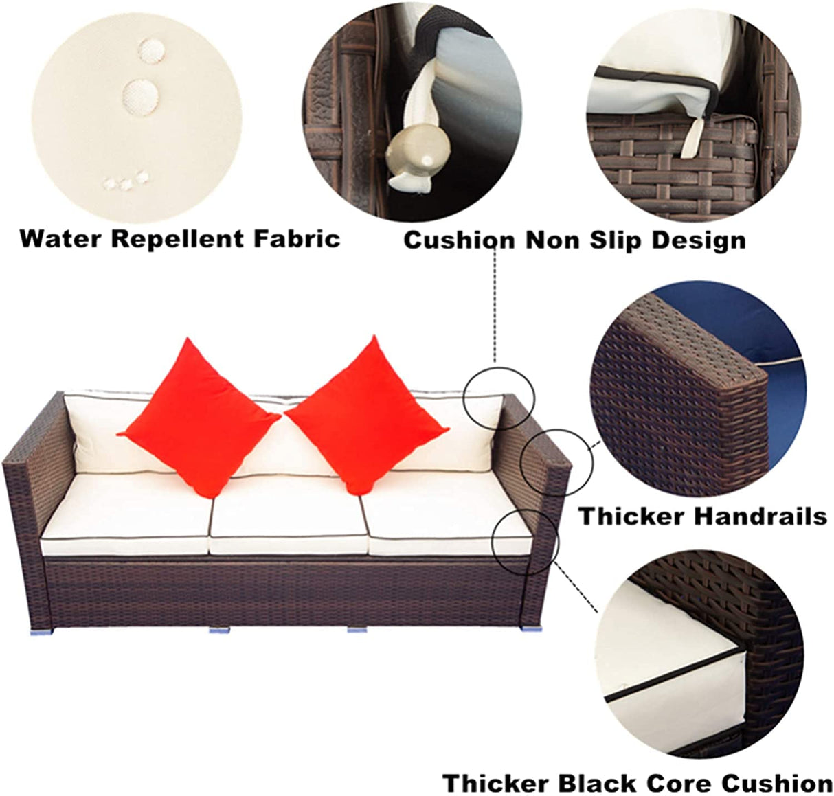 GAOPAN 3 Piece Outdoor Patio Conversation Sectional Couches Furniture Set, Rattan Wicker Garden Corner Sofas with Tempered Glass Top Coffee Table and Removable Soft Cushion, Beige+Brown GAOPAN