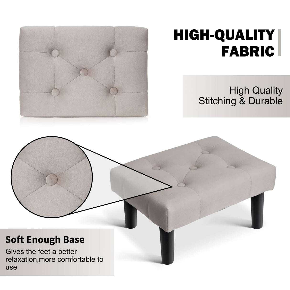 HOUCHICS Small Footstool Ottoman, Velvet Wooden Foot Stool Ottoman with Wood Legs, Sofa Footrest Extra Seating for Living Room Entryway Office(Grey 1PACK) HOUCHICS