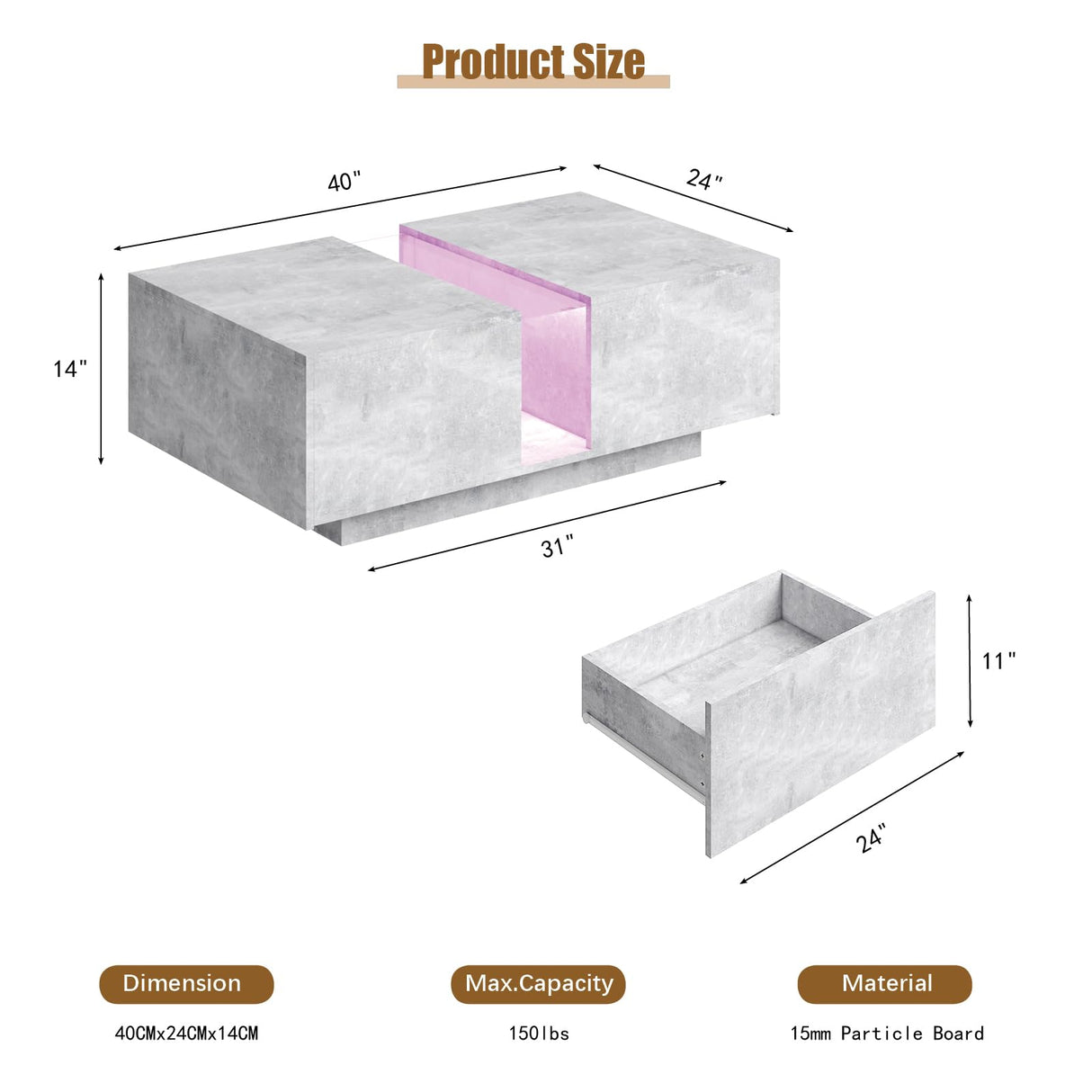 HedoAjim Grey Led Coffee Table for Living Room, Rectangular Living Room Table with Storage, Acrylic Coffee Tables with 2 Sliding Drawers, Wood Center Table for Reception Dinning Room HedoAjim
