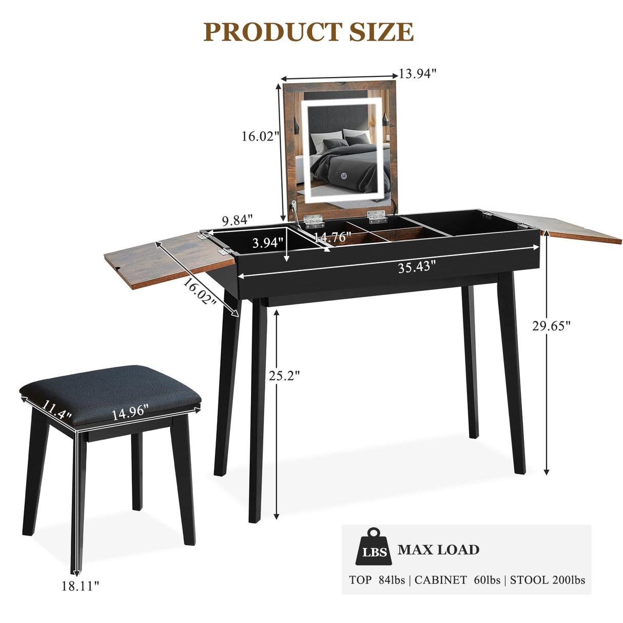 JanflyHome Vanity Desk, Flip Top Makeup Vanity Table with Power Outlet, Makeup Vanity Desk with Mirror & LED Light, Rustic Vanity Set with Cushioning Stool, Vintage Vanity for Bedroom, Black Brown JanflyHome