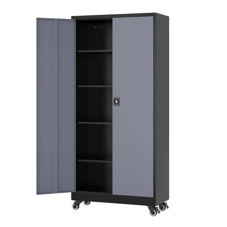 Fesbos Metal Rolling Storage Cabinet-74.6” Tall Steel File Cabinets with Wheels Lockable Doors and Adjustable Shelves-Black & Gray Steel Storage Cabinet for Home, School, Office, Garage Fesbos