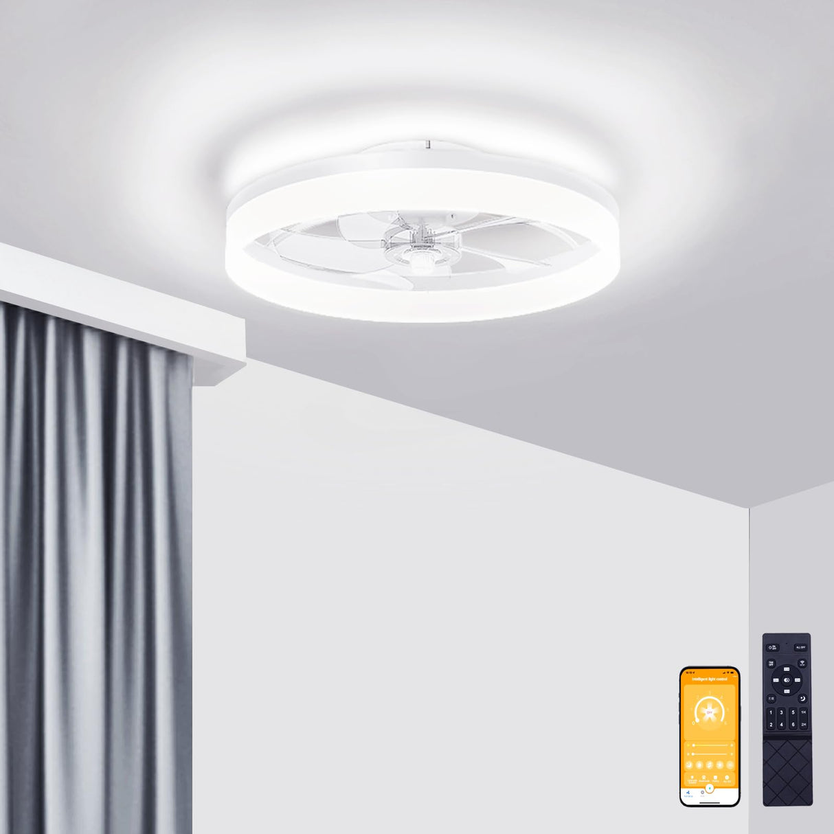 VOLISUN Low Profile Ceiling Fans with Lights and Remote, 19.7in Fandelier Ceiling Fan Flush Mount, 3000K-6500K Smart Bladeless LED Fan Light, White Modern Ceiling Fans with Lights for Bedroom VOLISUN
