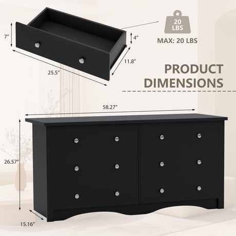 YESHOMY Black Dresser for Bedroom,6 Drawer Dressers, Storage Chest of Drawers for Hallway,Living Room, Entryway YESHOMY