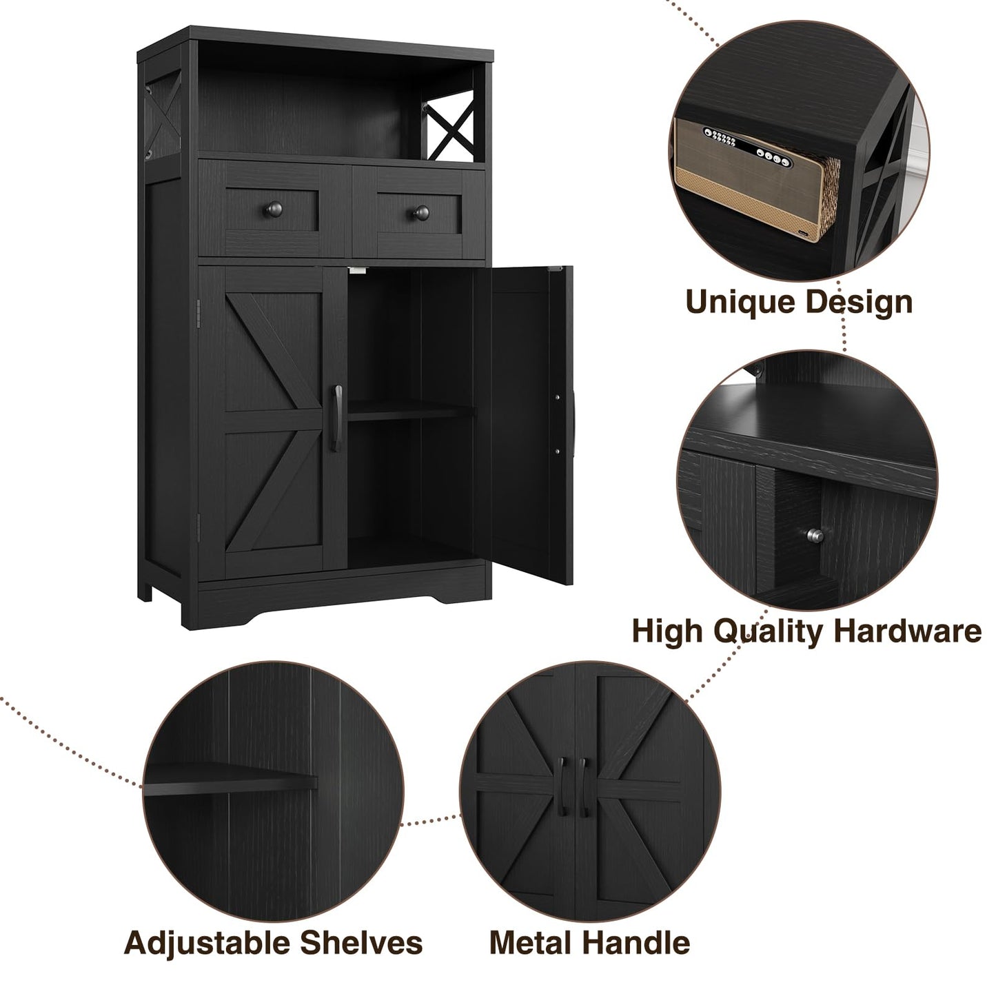 Black Storage Cabinet with Doors and Shelves, Farmhouse Kitchen Pantry Storage Cabinet, Small Coffee Bar Cabinet with Storage, Freestanding Floor Hutch Cupboard Cabinet for Kitchen/Laundry/Li - WoodArtSupply