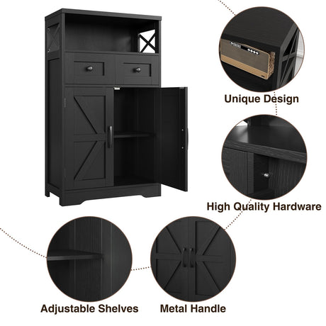 Black Storage Cabinet with Doors and Shelves, Farmhouse Kitchen Pantry Storage Cabinet, Small Coffee Bar Cabinet with Storage, Freestanding Floor Hutch Cupboard Cabinet for Kitchen/Laundry/Living Room FiveWillowise
