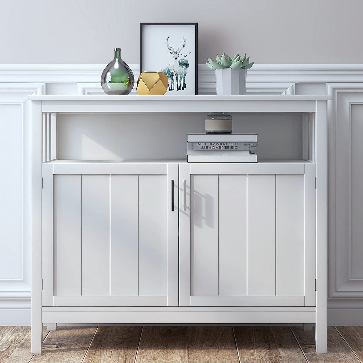 RASOO Buffet Cabinet White Kitchen Sideboard Buffet Storage Server Cupboard Cabinet Console Table with 2 Doors and Adjustable Shelf - WoodArtSupply