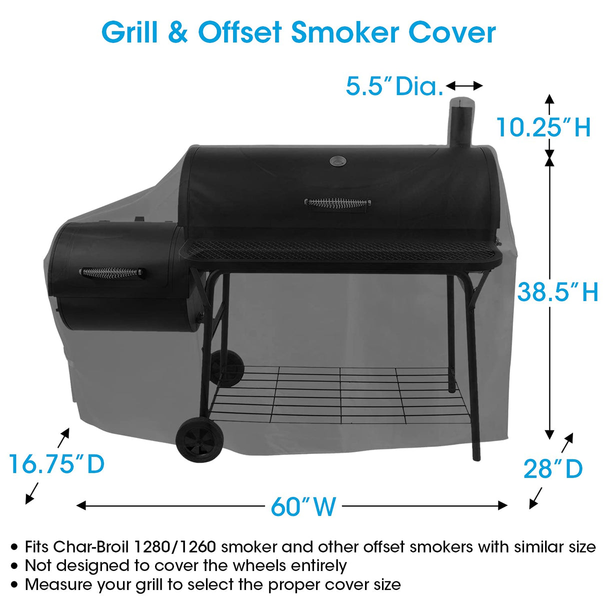 Unicook Offset Smoker Cover 60 Inch, Outdoor Heavy Duty Waterproof Charcoal Grill Cover, Fade and UV Resistant Smokestack BBQ Cover, Compatible for Brinkmann, Char-Broil, Royal Gourmet and More, Black Unicook