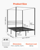 VEVOR Canopy Bed Frame Full Size, Metal Canopy Bed with Four Posters Design, Heavy Duty Steel Slats Support, Underbed Storage Space, No Box Spring Needed, Easy Assembly, Black VEVOR