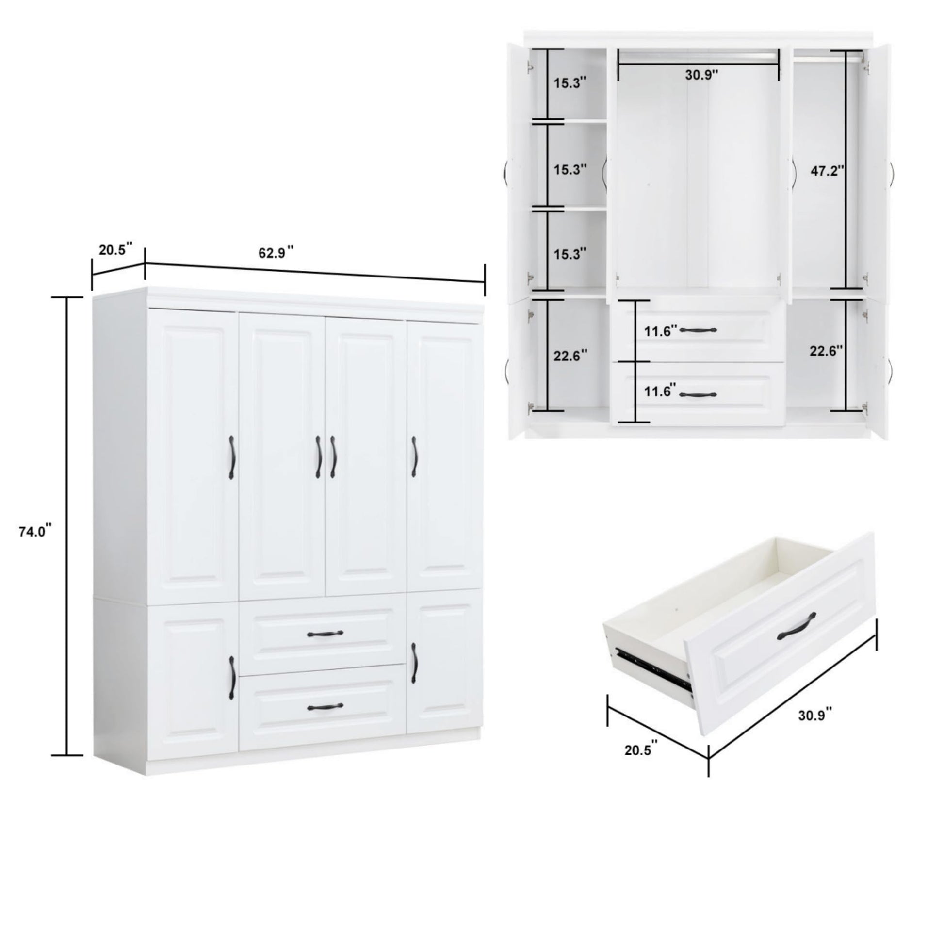 Idealcabin 4 Doors Classic White Large Freestanding Wardrobe Armoire Wooden Closet Cabinet with Hanging Rod & Shelves Bedroom Clothes Storage Bathroom Wood Organizer(20.5" D x 63" W x 74.0" H - WoodArtSupply