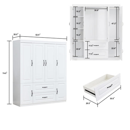 Idealcabin 4 Doors Classic White Large Freestanding Wardrobe Armoire Wooden Closet Cabinet with Hanging Rod & Shelves Bedroom Clothes Storage Bathroom Wood Organizer(20.5" D x 63" W x 74.0" H - WoodArtSupply