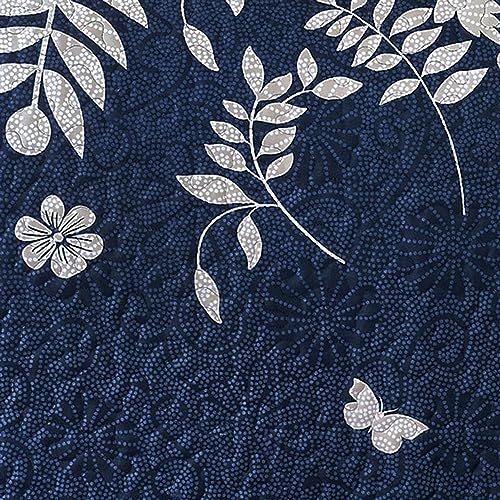 Wake In Cloud - Floral Quilt Set, Botanical Elegant Flower Tree Leaf Modern Pattern Printed, Reversible Lightweight Bedspread Coverlet, 3 Pieces, Navy Blue Gray, Queen/Full Size Wake In Cloud