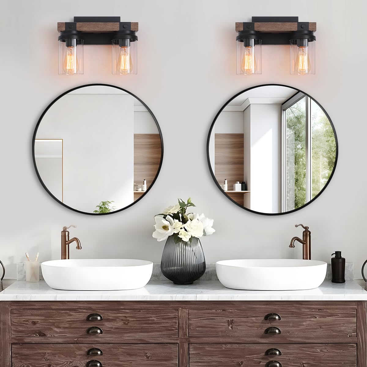Farmhouse Wood Vanity Light, 2-Lights Bathroom Vanity Light, Rustic Black Bathroom Lighting Fixtures Over Mirror, Vintage Industrial Wall Sconces with Durable Glass Shade ZSMIHDOH