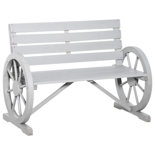 Outsunny 41" Wooden Wagon Wheel Bench, Rustic Outdoor Patio Weather Resistance Furniture, 2-Person Slatted Seat Bench with Backrest, Light Gray