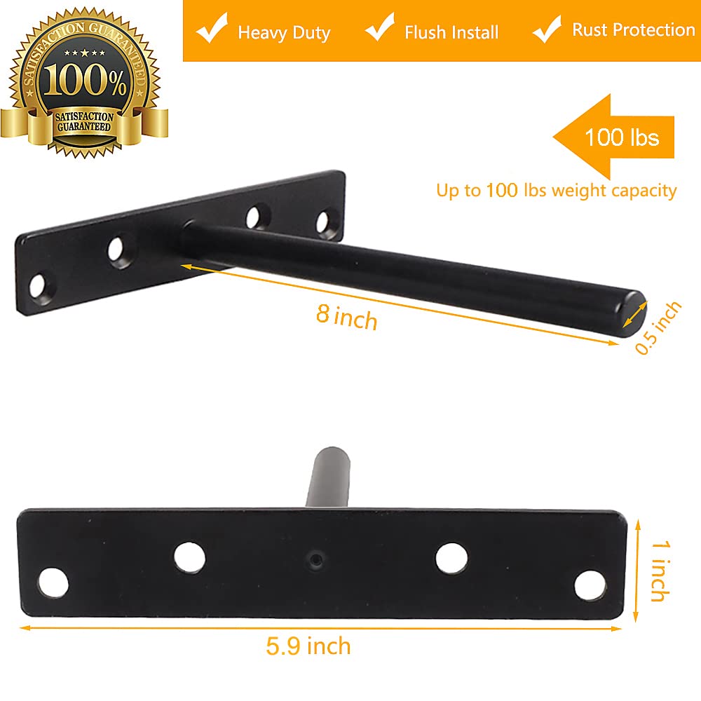 Blind Floating Shelf Brackets - DIY Heavy Duty 8 inch Wall Shelf Brackets, Solid Stainless Steel Matte Black Hidden Support with Hardware for Custom Wood Shelves (6 pack) - WoodArtSupply