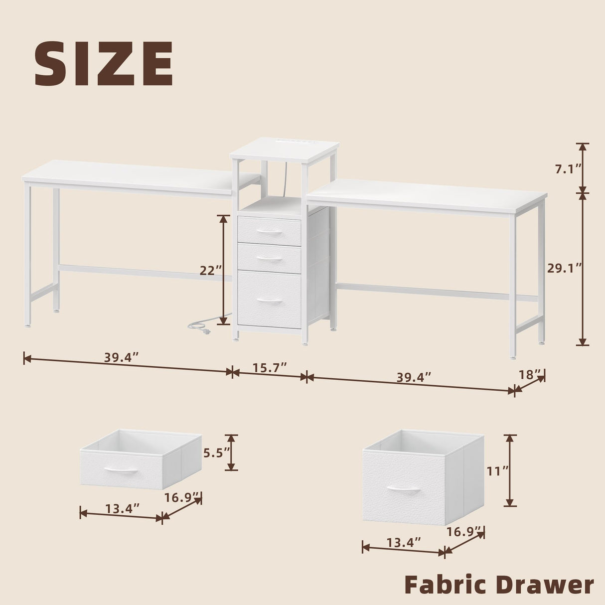 GYIIYUO 94'' Two Person Desk with Charging Station, Long Desk with 3 Fabric Drawers and Printer Shelf, Double Computer Desk, 2 Person Writing Study Table Workstation for Home Office, White GYIIYUO