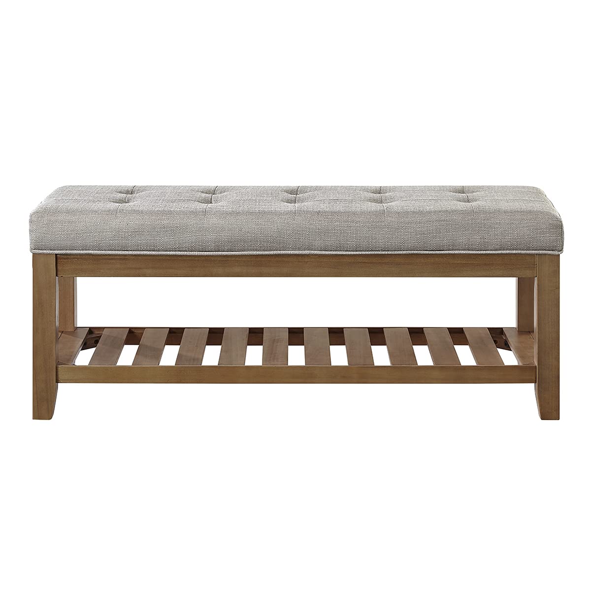 24KF Large Rectangular Upholstered Tufted Linen Fabric Ottoman Bench, Padded Bench with Solid Wood Shelf-Linen 24KF
