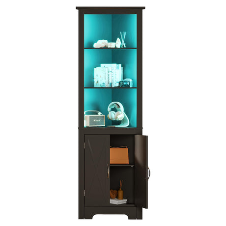 ChooChoo Tall Corner Storage Cabinet with LED Lights, 5-Tier Bookshelf Stand with Barn Doors, 66.9" Gothic Corner Display Cabinet with Adjustable Shelf for Living Room, Gaming Room, Black ChooChoo