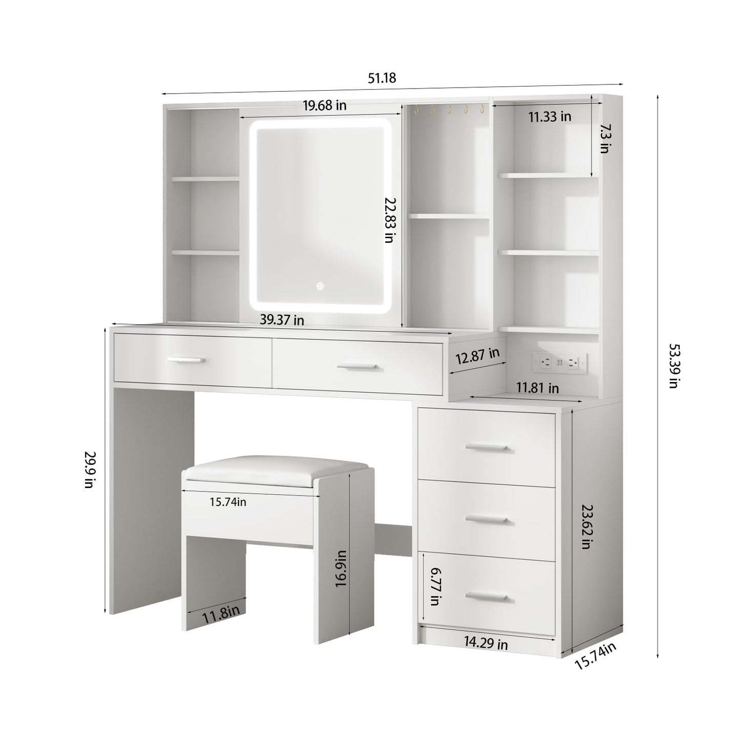 Fameill Vanity Desk with Mirror and Lights, White Vanity Table with 3 Color Lighting, Makeup Vanity Desk with Charging Station, 5 Drawer Storage, 5 Hooks, Hidden and Open Shelves