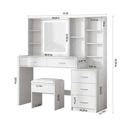 Fameill Vanity Desk with Mirror and Lights, White Vanity Table with 3 Color Lighting, Makeup Vanity Desk with Charging Station, 5 Drawer Storage, 5 Hooks, Hidden and Open Shelves