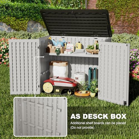 Greesum Outdoor Horizontal Resin Storage Sheds 34 Cu. Ft. Weather Resistant Resin Tool Shed, Extra Large Capacity Weather Resistant Box for Bike, Garbage Cans, Lawnmowe, Without Divider, White Greesum