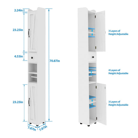 Bathroom Cabinet with Adjustable Shelf, Storage Cabinet for Small Space, Tall Cabinet with Retractable Toilet Paper Rod, Narrow Cabinet with 2 Doors, 8 Compartments (White) Maupvit
