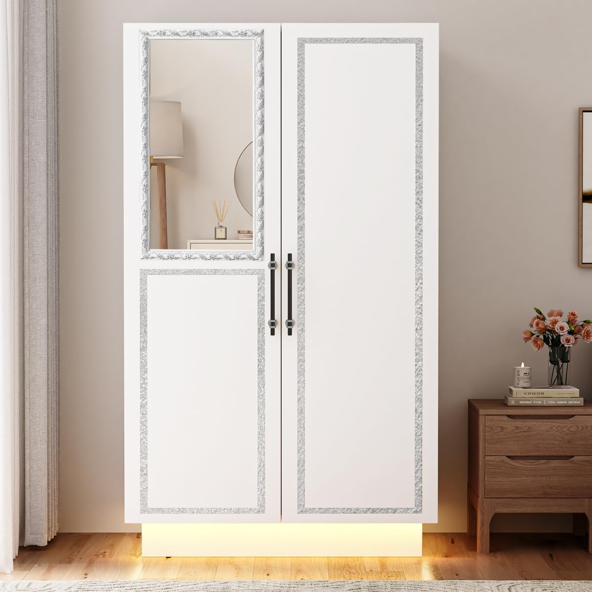 Lihimte 70" Armoire Wardrobe with Mirror Doors and LED Lights, 2 Doors Closet with Hanging Rod and Shelves, Large Capacity Wooden Storage Cabinet for Home, Bedroom, Office, Laundry Room, White Lihimte
