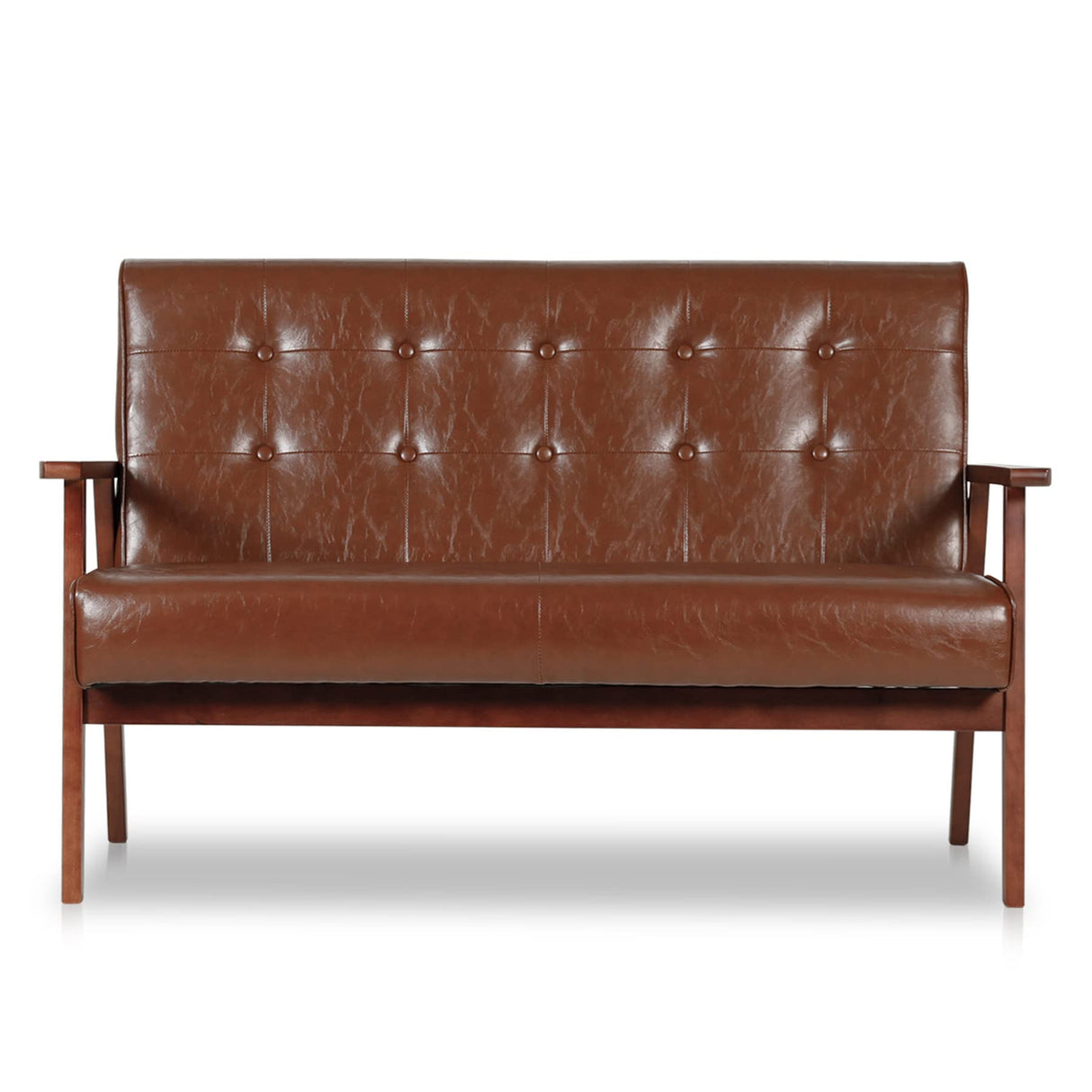 JIASTING Mid Century Modern Loveseat Sofa with Wooden Arms Leather Office Couch 2-Seat Wood Love Seat Lounge Armchair Living Room Bedroom, Waiting Room Sofa, 50”W (Leather, Brown Loveseat N) JIASTING