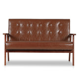 JIASTING Mid Century Modern Loveseat Sofa with Wooden Arms Leather Office Couch 2-Seat Wood Love Seat Lounge Armchair Living Room Bedroom, Waiting Room Sofa, 50”W (Leather, Brown Loveseat N) JIASTING