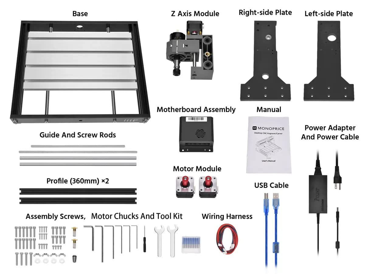 Monoprice Benchtop CNC Router Kit, 3 Axis, for Soft Metal, Wood, Plastic, Acrylic, PVC and PCB Engraving and Milling, Compatible with GRBL and Candle Software, XYZ Working Area 300 x 180 x 40 - WoodArtSupply