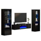 AMERLIFE High Gloss Living Room Entertainment Center with LED Lights, Including Floating Fireplace TV Stand with 36" Electric Fireplace & 2 Bookcases with Glass Doors, Black AMERLIFE