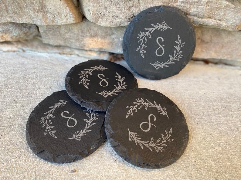 Set of 4 Slate Drink Coasters, Personalized Housewarming Gift, Personalized Gifts, Wedding Couples Gift, Engraved Stone Coasters, Custom Gift Set, Monogram Coasters, New Home Gifts, Drinkware Generic