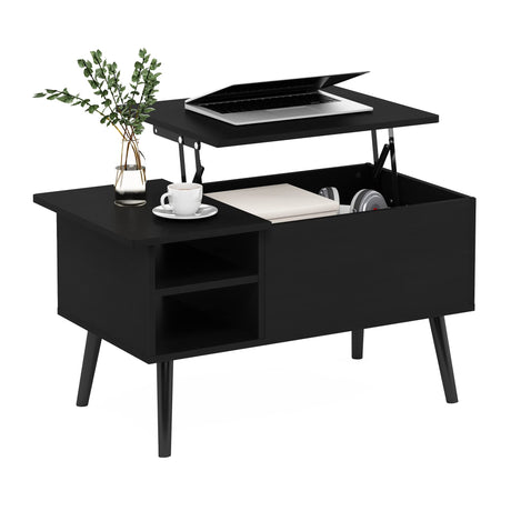 Furinno Jensen Wooden Leg Lift Top Coffee Table with Hidden Compartment and Side Open Storage Shelf for Living Room, Americano Furinno