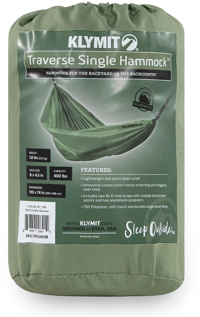 Klymit Single Traverse Hammock, Portable Hammock for Camping, Green Klymit