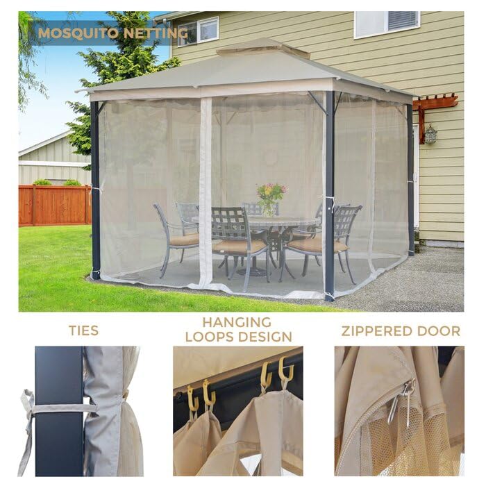 10X10FT Hardtop Gazebo, Heavy Duty Canopy Top Metal Frame Pavilion with Double Galvanized Steel Roof, Waterproof Outdoor Gazebo with Curtains and Netting for Backyard, Patio Deck and Lawns