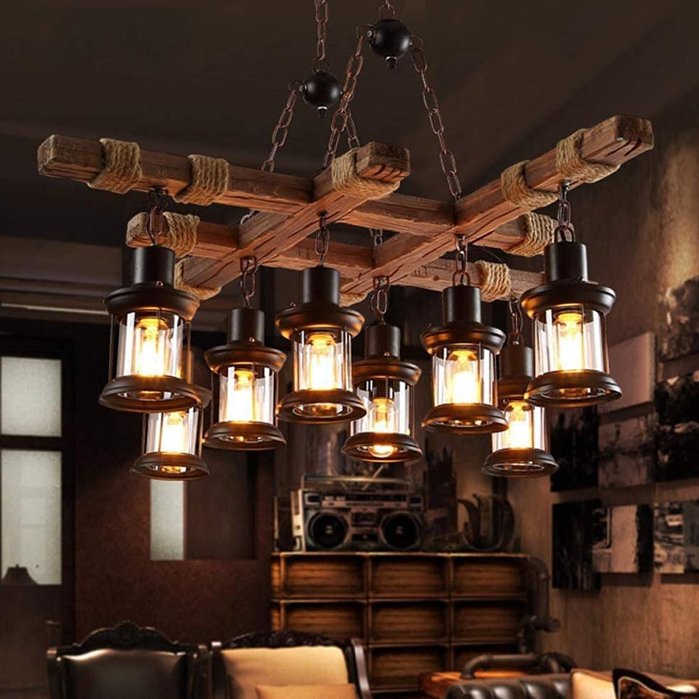 A Million 8 Lights Industrial Retro Wooden Chandelier Pendant Light Island Hanging Ceiling Fixture Vintage Farmhouse Wood Light Adjustable Chain for Home Cafe Bar Restaurant (39.4") A Million