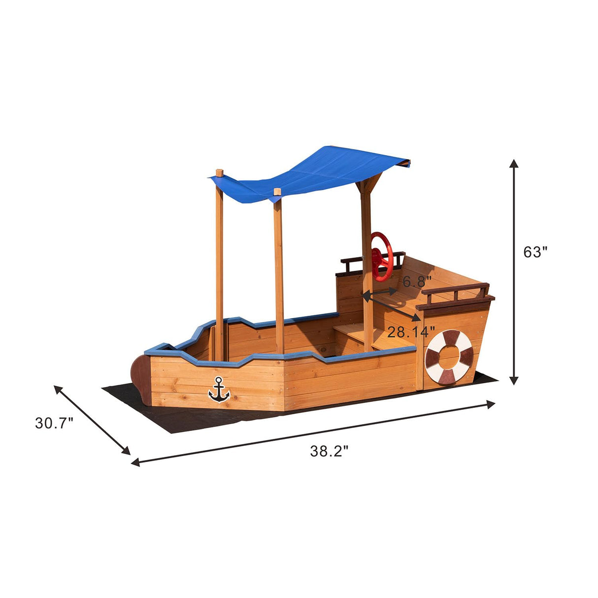 Wood Sandbox with Canopy, 63'' x 30.7'' Pirate Ship Sandbox with Cover and Rudder, Sand Box for Kids Ages 4-8, Kids Sandbox with Storage Bench and Seat, Kids Outdoor Playhouse for Backyard, Garden Angel Sar
